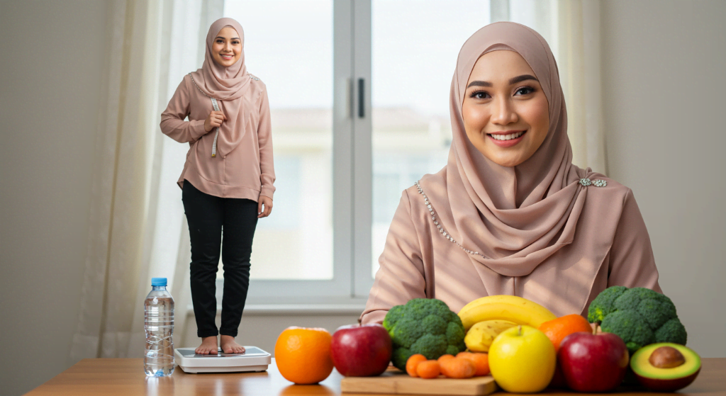 Wanita yakin berdiri atas penimbang selepas berjaya kurus dalam 7 hari, cara kurus dalam 7 hari, makanan sihat dan air kosong